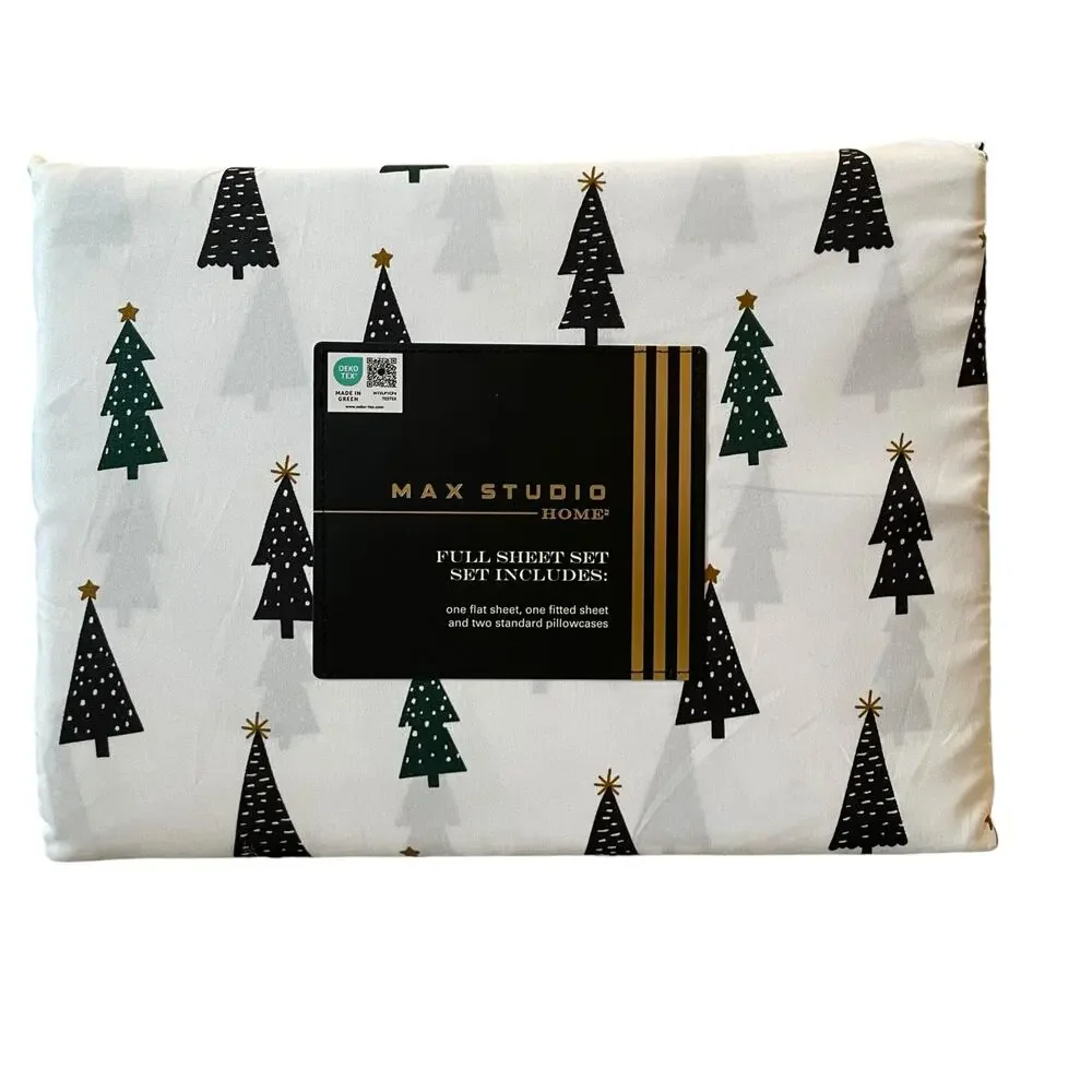 4pc Max Studio Block Christmas Tree Printed Sheet Set FULL Chic Holiday Bedding
